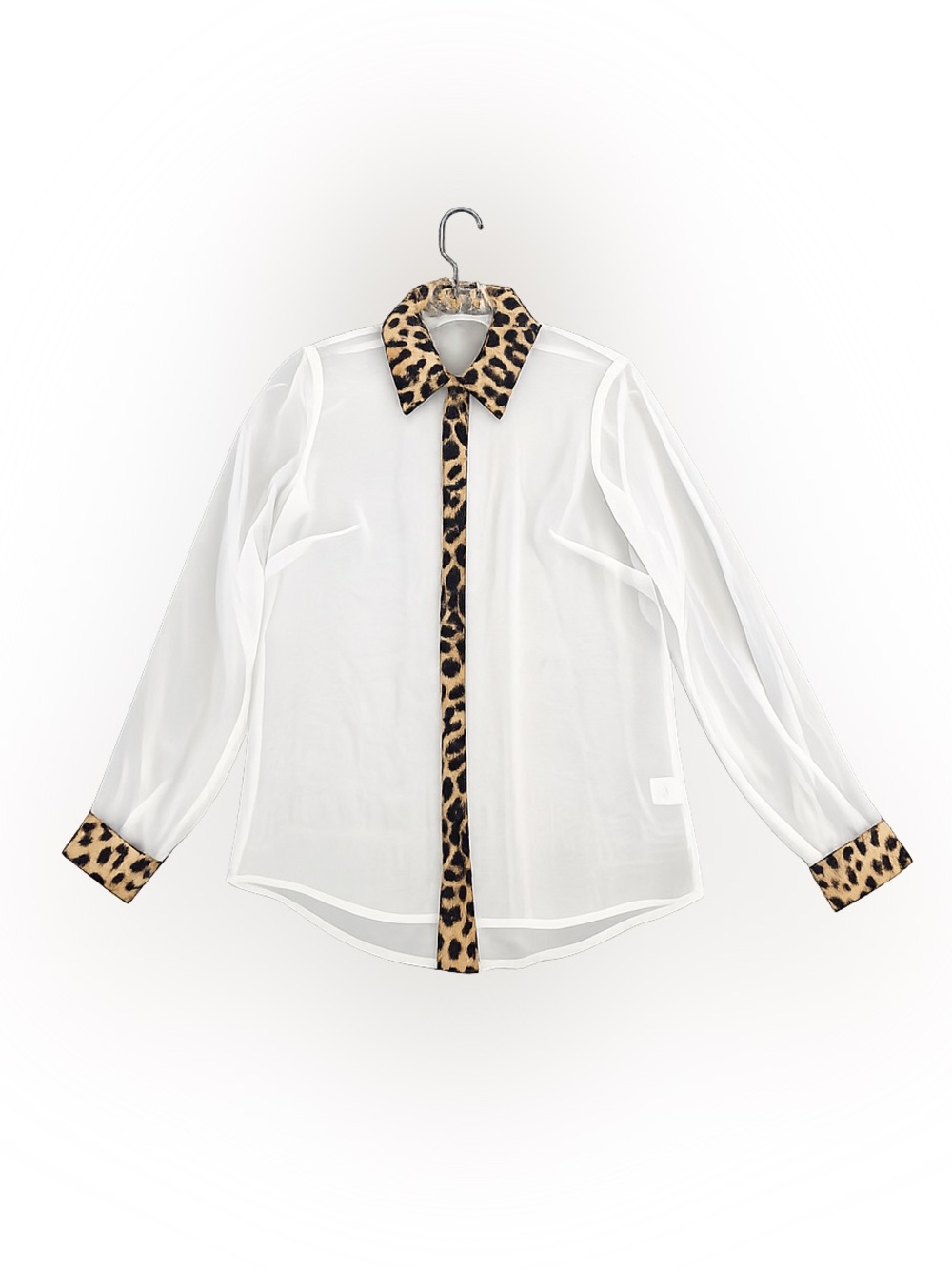 Sheer Animal Print Button Down Shirt Leopard Button Up Blouse Size Small White